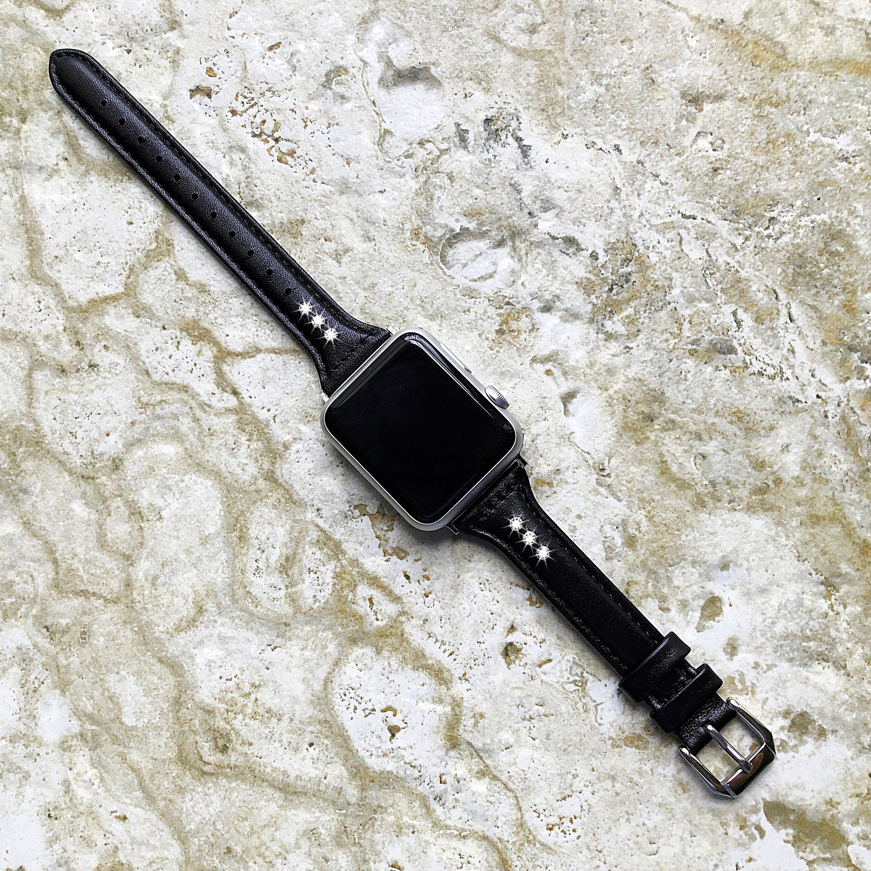 Apple Black and Crystals Band for iWatch All Series 38mm 40mm 41mm 42mm 44mm 45mm 49mm Case Slim Elegant Soft Leather Straps Bracelet